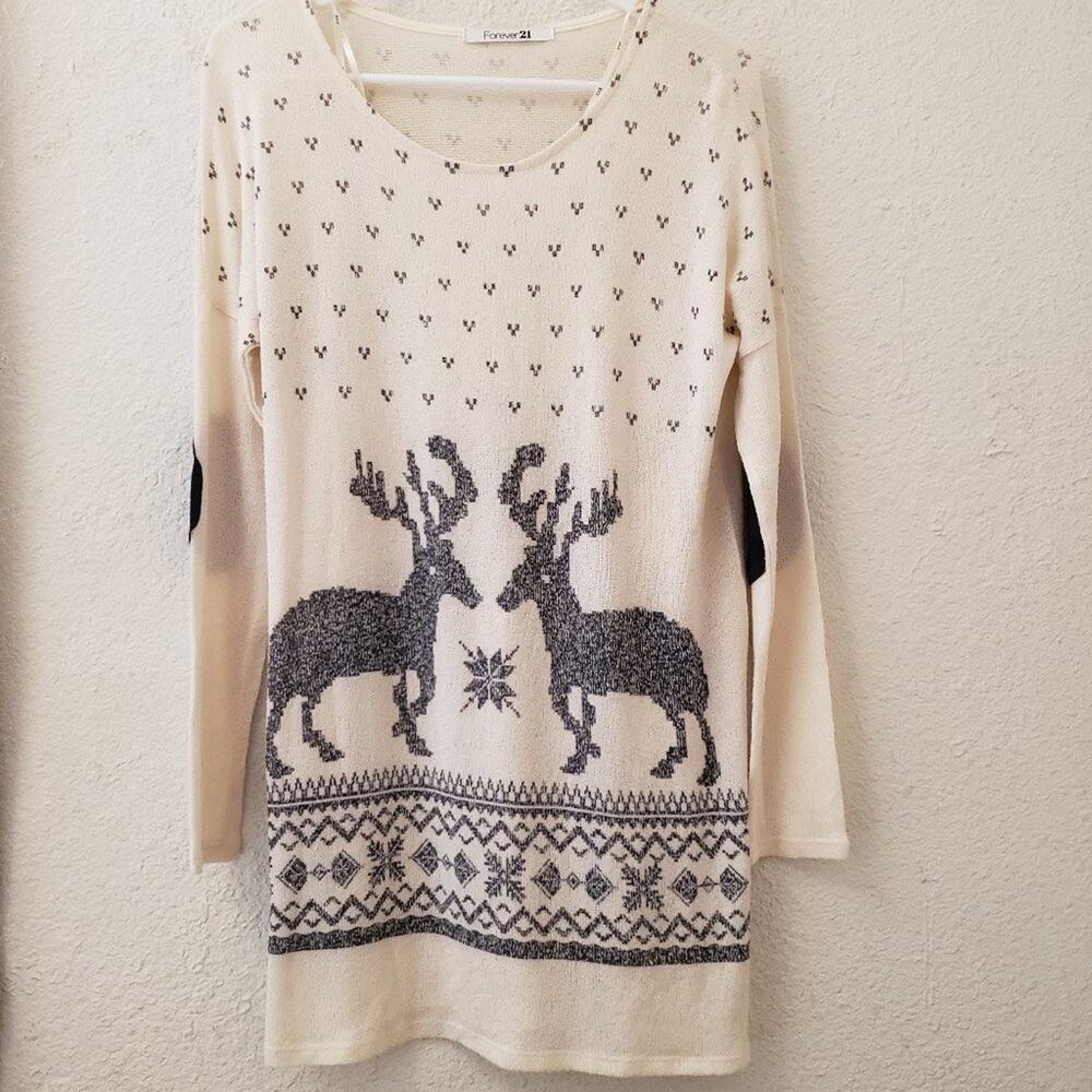 Forever 21 Sweater Large Reindeer Elbow Patches Navy Cream Nordic Holiday